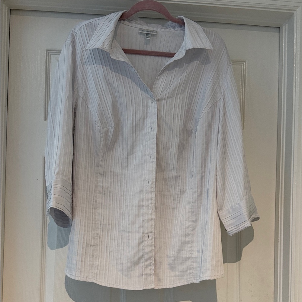 dressbarn White Button-Up Top with Pale Vertical Stripes